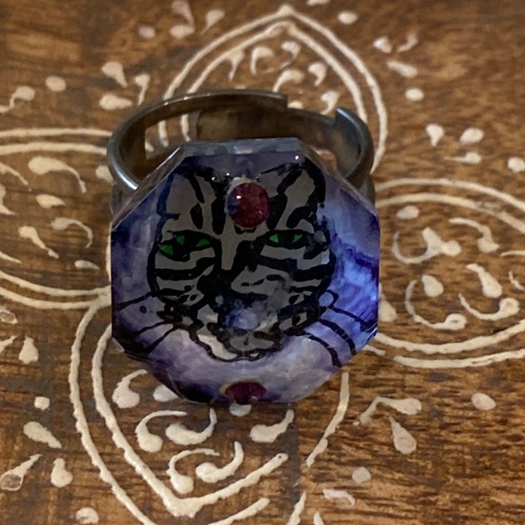 Juliette Ramade French Artist Hand Painted Tabby Cat Ring OS - Picture 3 of 8